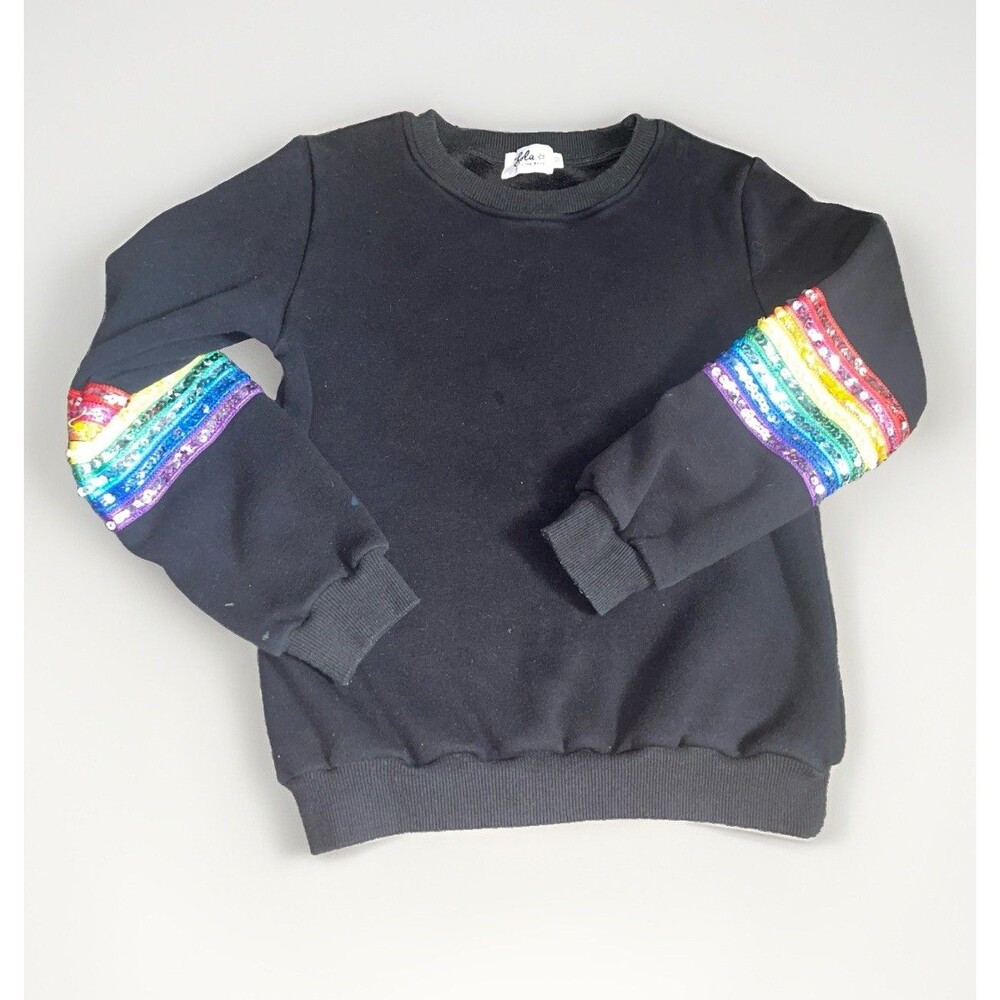 Lola + The Boys Girls Size 10 Black Sweatshirt Rainbow Sequin Sleeve Crewne